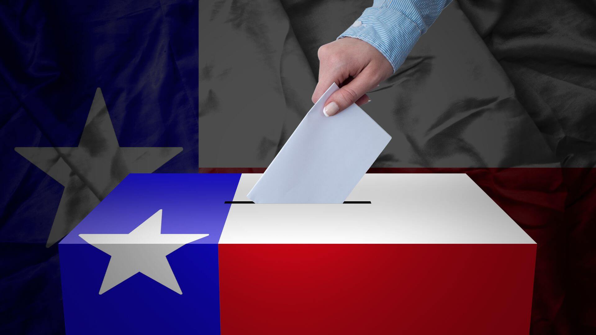 A ballot dropped into a box against the Texas flag